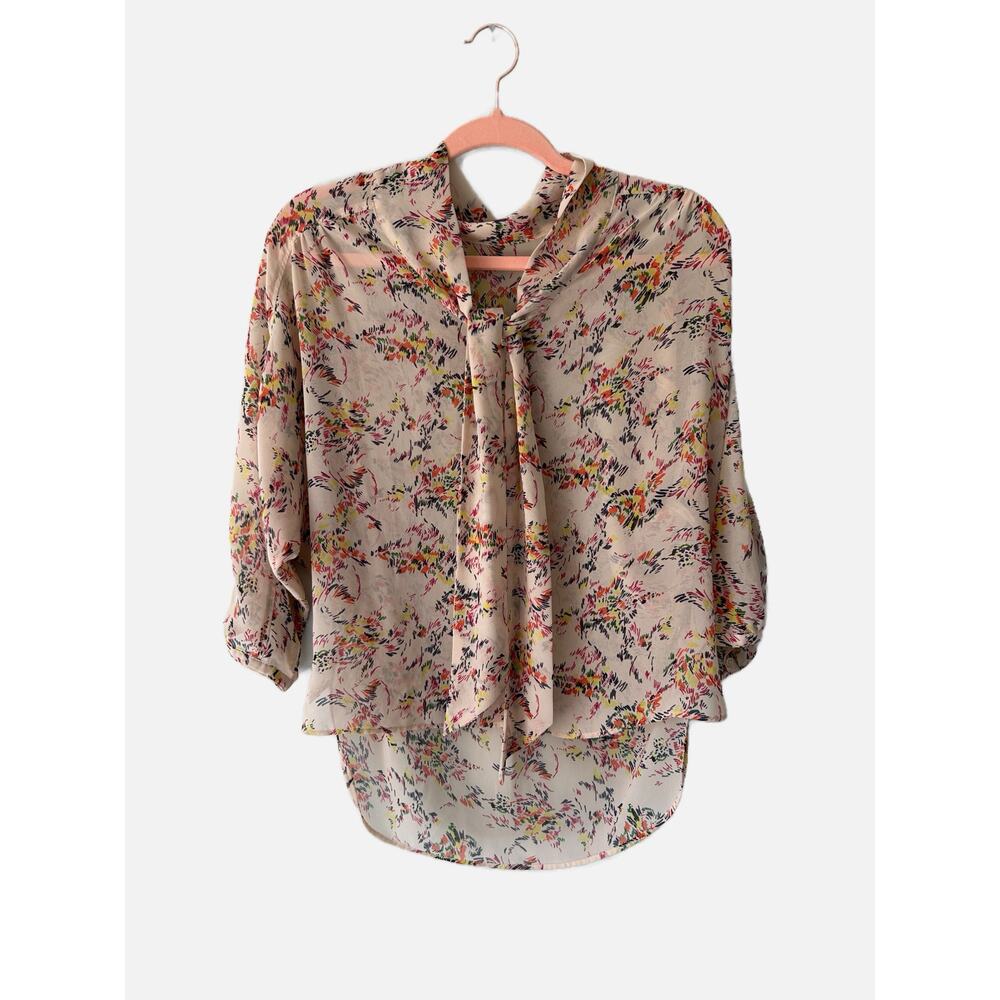 Kimchi Blue Cream Floral Semi Sheer Button Front Bow Long Sleeve Shirt Small
